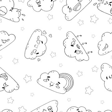 Seamless pattern of cute clouds on white background.
