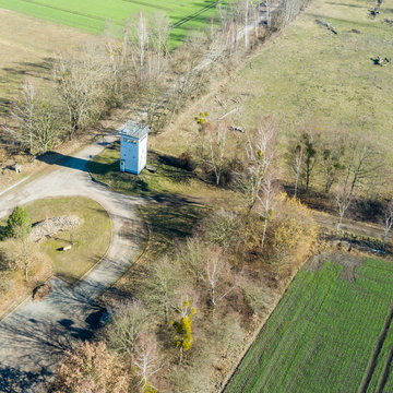 Oblique aerial photograph of a former watchtower at the inner-German border between the Federal Republic of Germany and the German Democratic Republic.