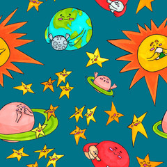 Cute space pattern for kids. Planets and sun - marker art for print