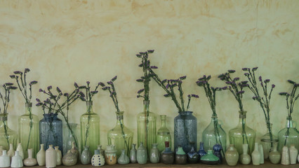 Dried flower in the bottle with in wall background.