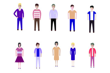 Young people, teenagers and students. Fashion man and woman in modern clothes. Different characters stay on white background