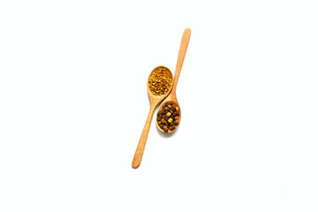 Parchment, pollen, honey bee on a white background.