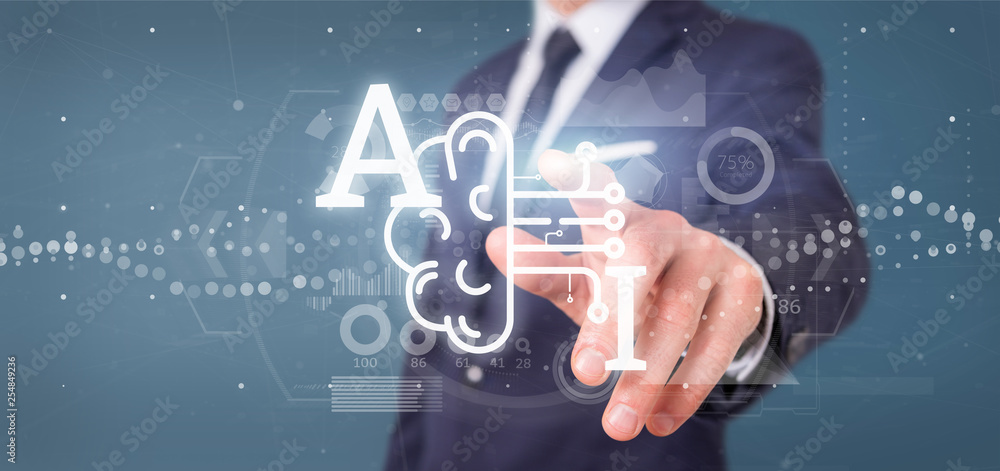 Poster business man holding artificial intelligence icon with half brain and half circuit 3d rendering