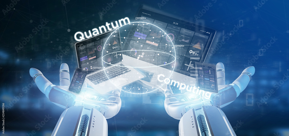 Poster cyborg hand holding quantum computing concept with qubit and devices 3d rendering