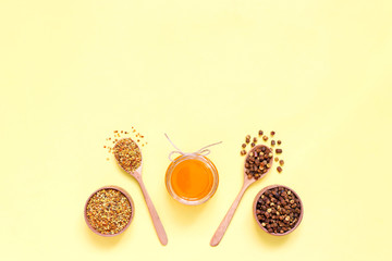 Perga, pollen, honey bee on a yellow background.