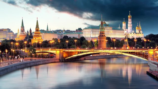 Russia, Moscow city skyline at sunset - Time lapse