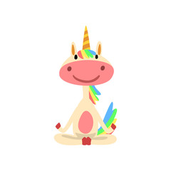 Funny Unicorn Sitting in Lotus Position, Fantasy Lovely Horse Character with Rainbow Mane and Tail Practicing Yoga Exercise Vector Illustration