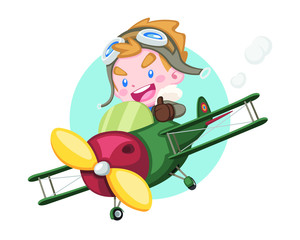 Cute style little pilot boy raising thumb riding vintage plane with circle background illustration © Chavis