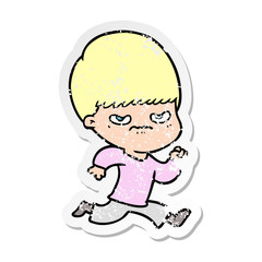 distressed sticker of a annoyed cartoon boy
