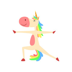 Funny Unicorn in Hero Position, Fantasy Beautiful Horse Character with Rainbow Mane and Tail Practicing Yoga Exercise Vector Illustration