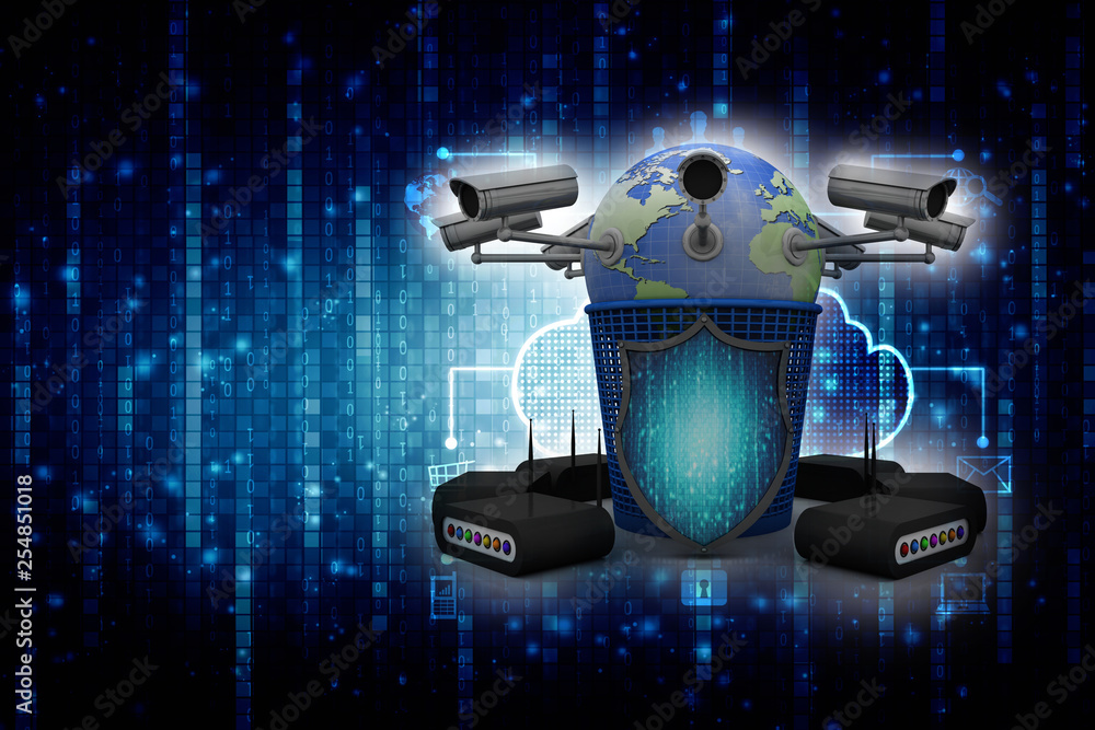 Poster 3d rendering surveillance cctv security camera connected globe in recycle bin with shield around mod