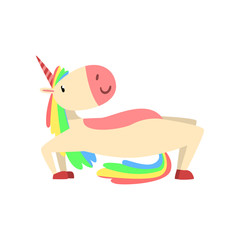 Funny Unicorn in Bridge Position, Fantasy Beautiful Horse Character with Rainbow Mane and Tail Practicing Yoga Exercise Vector Illustration