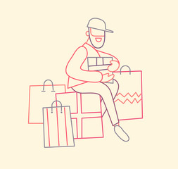 Bearded man with a lot of shopping bags with purchases. Seasonal sale at store. Thin line flat design, vector illustration.