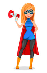 Successful woman wearing superhero costume