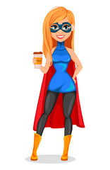 Successful woman wearing superhero costume