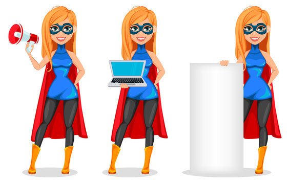 Successful woman wearing superhero costume