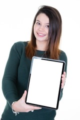 Woman standing with blank screen tablet in her hands