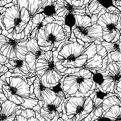 Black and White Poppy flower seamless pattern. Papavers composition. Anemones background. Covers, textile and greeting cards floral design. Hand drawn poppy flowers illustrations. Monochrome vector