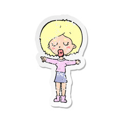 retro distressed sticker of a cartoon pointing woman