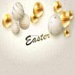 Easter light composition with eggs on pendants in gold and white,