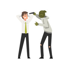 Bank Robbery, Masked Male Criminal Threatening Bank Manager with Gun, Bank Robbery Vector Illustration