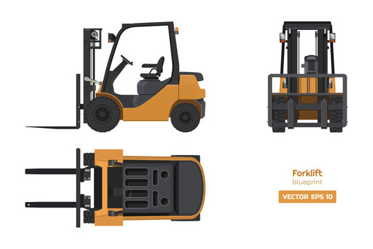 Forklift in realistic style. Top, side and front view. Hydraulic machinery 3d image. Industrial isolated drawing of orange loader. Diesel vehicle blueprint