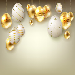 Easter beige composition with eggs on pendants in gold and white,