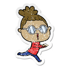 distressed sticker of a cartoon woman wearing spectacles