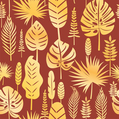 Fototapeta na wymiar Tropical leaves seamless pattern. Tropical plants with golden texture. Safari style. Vector illustration for textile, postcard, fabric, wrapping paper, background, packaging.