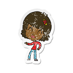 retro distressed sticker of a cartoon happy woman pointing