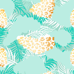 Fototapeta na wymiar Palm leaves seamless pattern. Tropical plants with leopard dots and golden texture. Vector illustration for textile, postcard, fabric, wrapping paper, background, packaging.