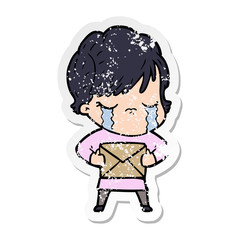 distressed sticker of a cartoon woman crying