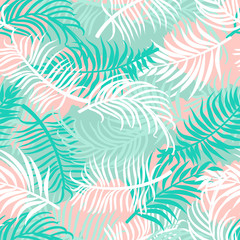 Palm leaves seamless pattern. Summer composition. Vector illustration for textile, postcard, fabric, wrapping paper, background, packaging.