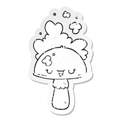 distressed sticker of a cartoon mushroom with spoor cloud