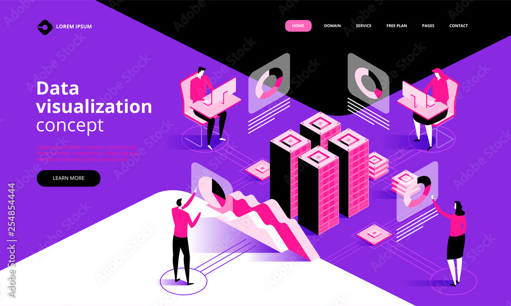 Poster data visualization concept. people in the team analyze diagrams and graphics