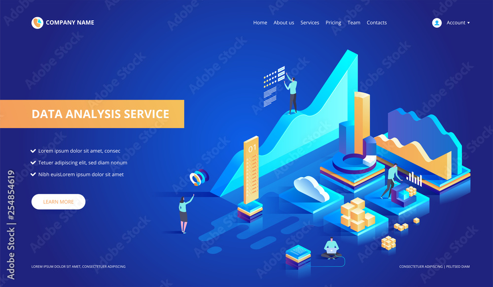 Poster data analysis service isometric abstract vector illustration.