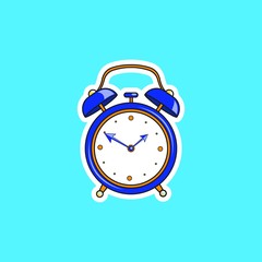 Blue comic alarm clock. Vector bright dynamic cartoon object in retro pop art style isolated on blue background.