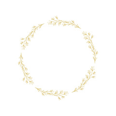 Lovely Hand Drawn Gold Elegant Twigs Isolated on a White Background.Round Shape Vector Branch Frame. Vintage Style Delicate Gold Sketched Floral Wreath. Illustration Without Text.Floral Decorative Art