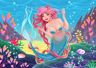 Fototapeta na wymiar Beautiful underwater mermaid with pink hair and coral