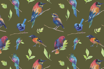 Colorful spring digital pattern with flowers and birds on the colorful plain background. Nature floral design.