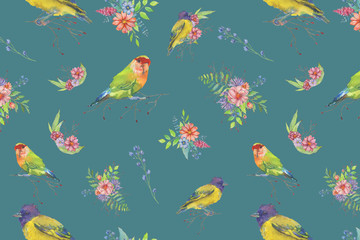 Colorful spring digital pattern with flowers and birds on the colorful plain background. Nature floral design.