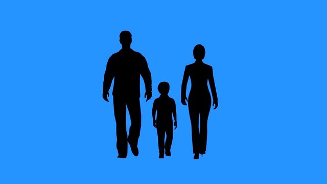 Family walking together. Family values or child adoption concept. Silhouettes of family on blue background.