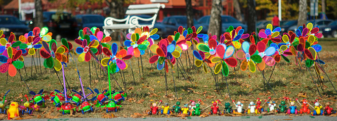 Bunch of colorful children windmill toys on a field
