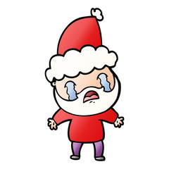 gradient cartoon of a bearded man crying wearing santa hat