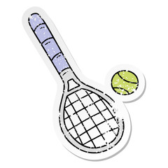 distressed sticker cartoon doodle tennis racket and ball