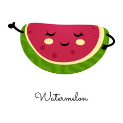 A slice of watermelon with happy face. Cartoon character. Kawaii food. Vector illustaration for posters, cards,.invitations, flyers, ect.