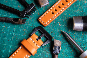 Genuine leather watch strap handmade with tool