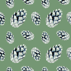 Seamless pattern with pine cones on a green background.