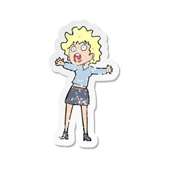 retro distressed sticker of a cartoon frightened woman
