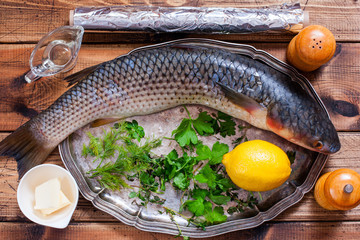 Mullet cheese on a metal tray, top view, selective focus